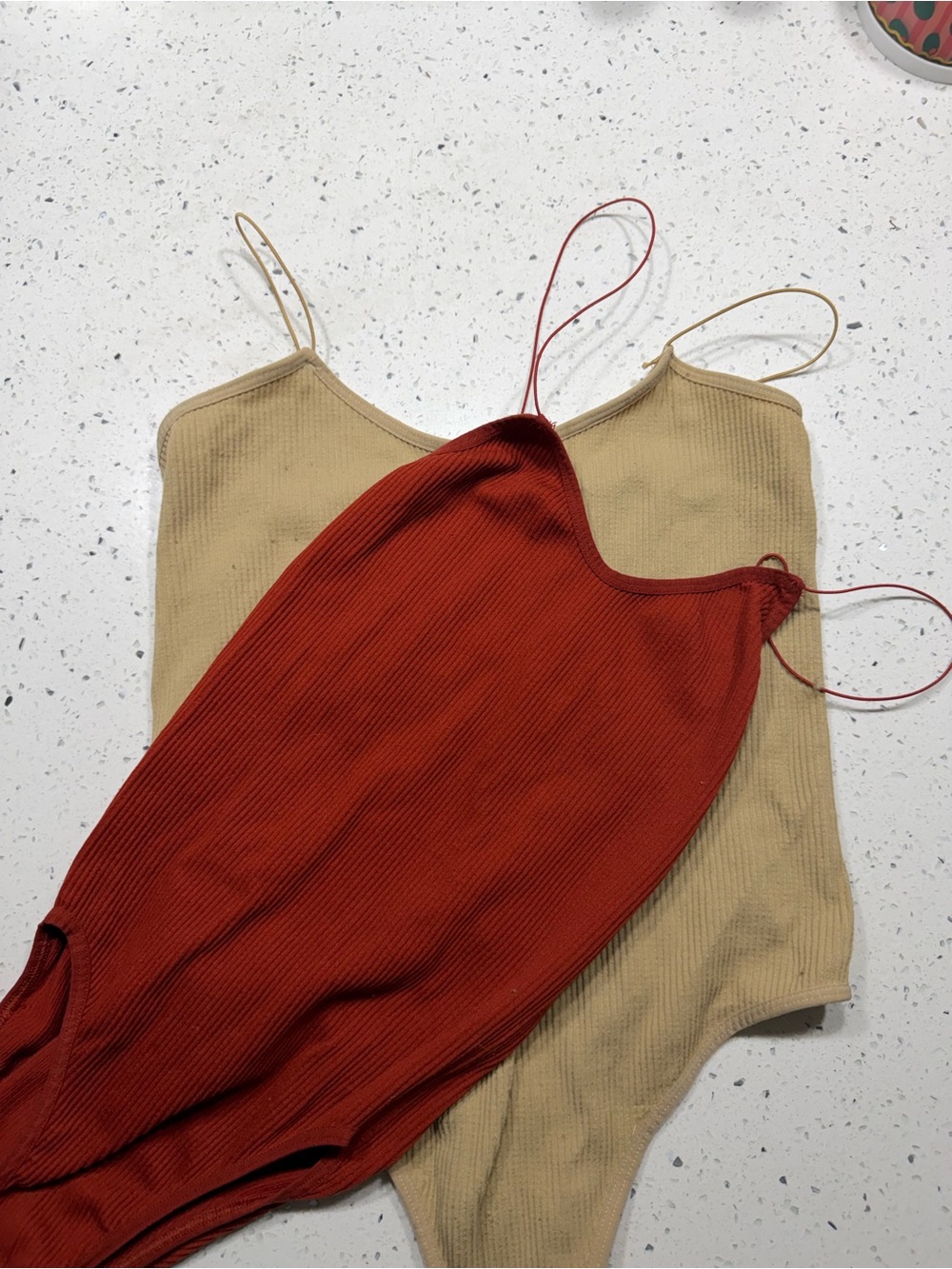 Urban Outfitters Ribbed Spaghetti Strap Bodysuits in Rust Red & Beige